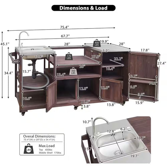 Farmhouse Dark Brown Stainless Steel 75.4 In. Rolling Kitchen Island Outdoor Bar Cart for Big Green Egg Grills with Sink