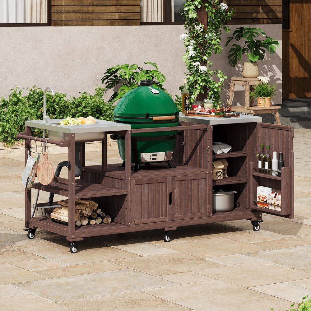 Farmhouse Dark Brown Stainless Steel 75.4 In. Rolling Kitchen Island Outdoor Bar Cart for Big Green Egg Grills with Sink