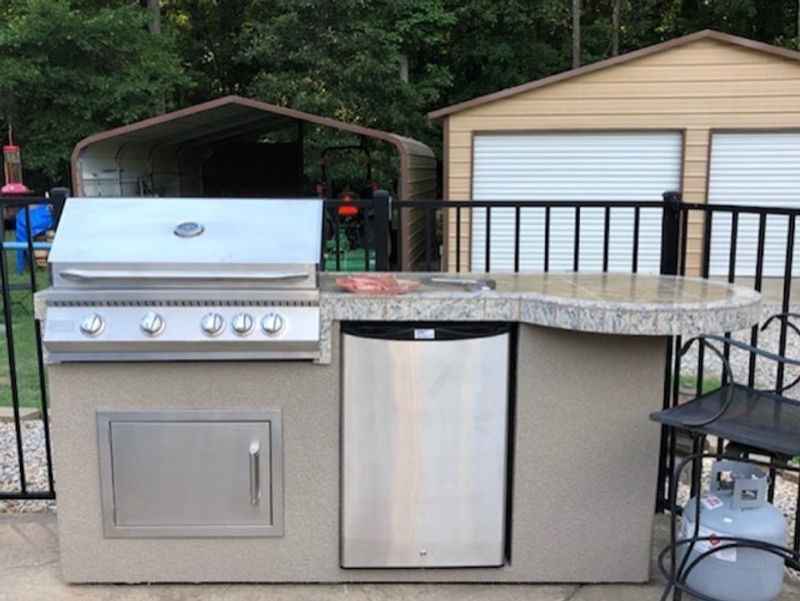 KoKoMo Maui 7'6" BBQ Island With Built-In Grill, 33" Round Bar & LED Lighting – Outdoor Kitchen Entertaining Center