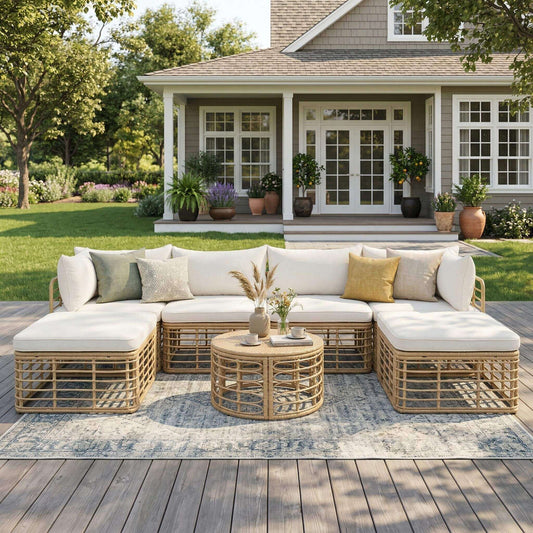 Alora 7-Piece Outdoor All-Weather Rattan Patio Sofa Set With Cushions & Coffee Table