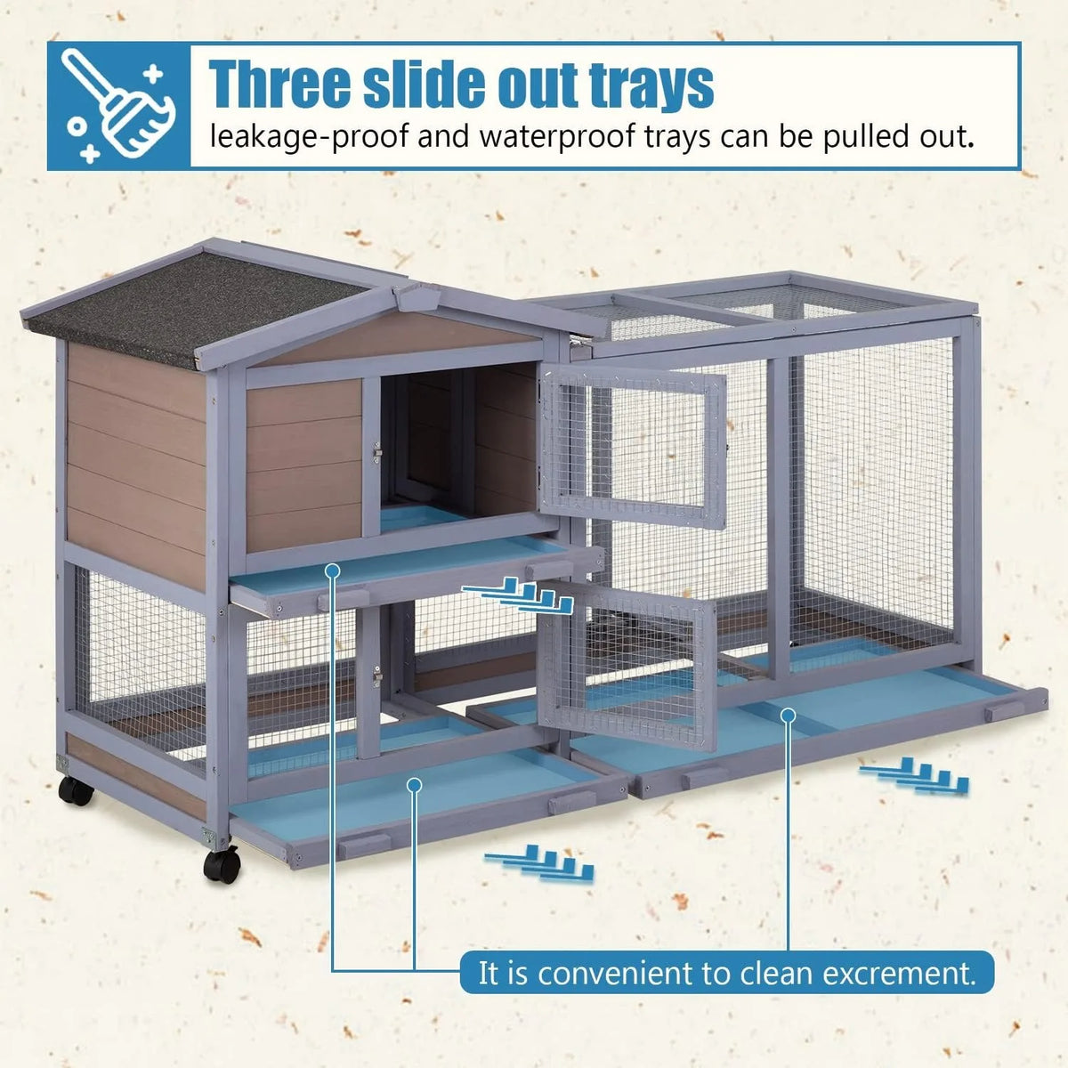 Two-Level Wooden Rabbit Hutch with Wheels & Removable Tray – Gray