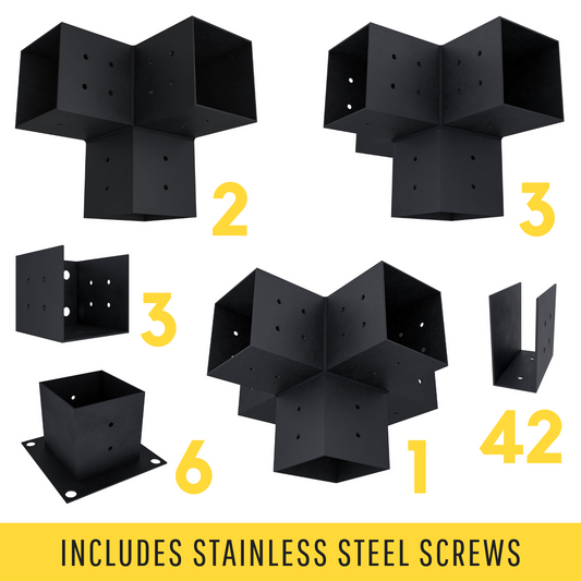 Zen Pergola DIY Attached Pergola Bracket Kit With Roof Rafters – 6-Post, Any Size Up to 24'x24', Optional Overhangs, 4x4 or 6x6 Steel Brackets, 5-Year Warranty