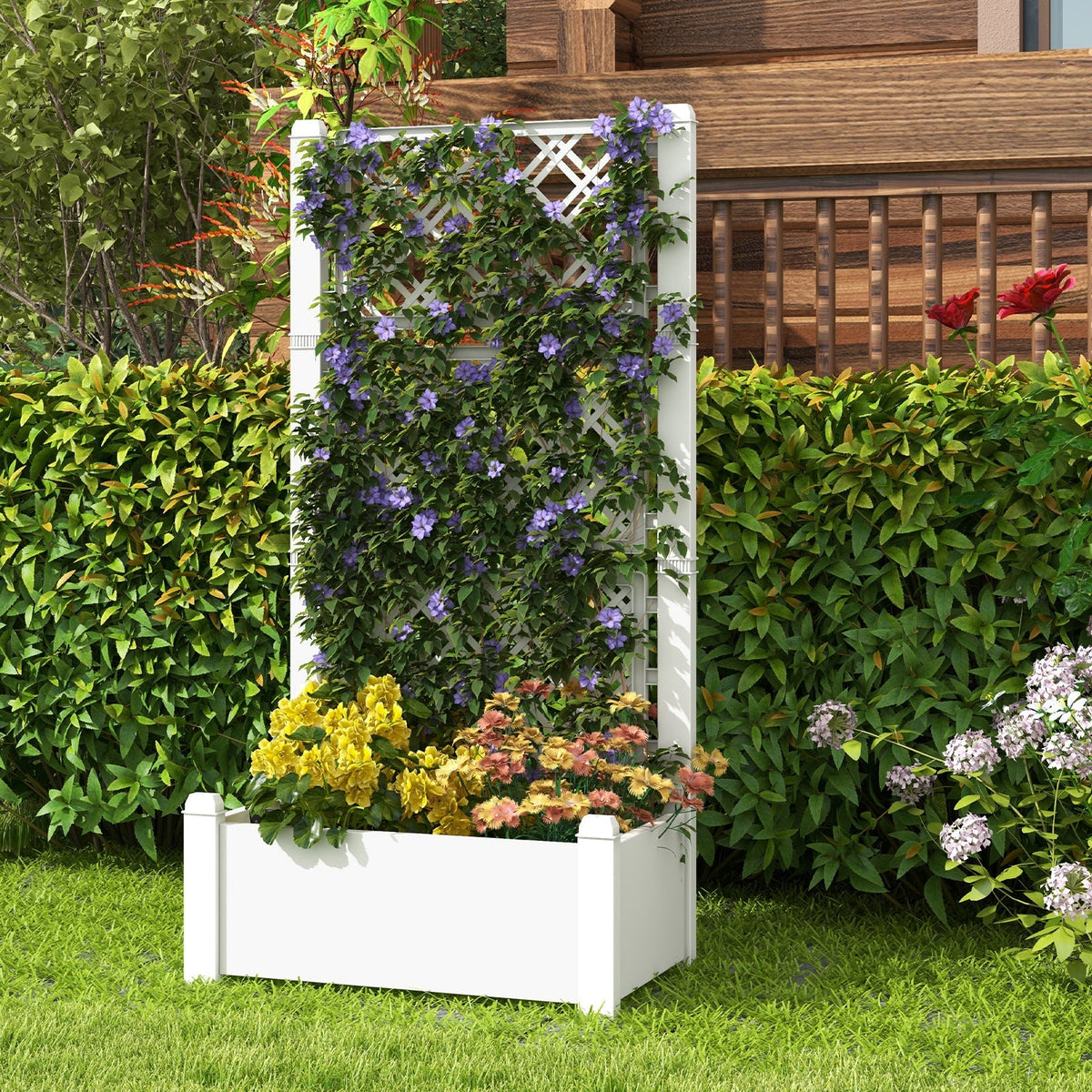 Self-Watering Raised Garden Bed Planter Box With Expandable Trellis & Water Level Indicator – 14 Gallon
