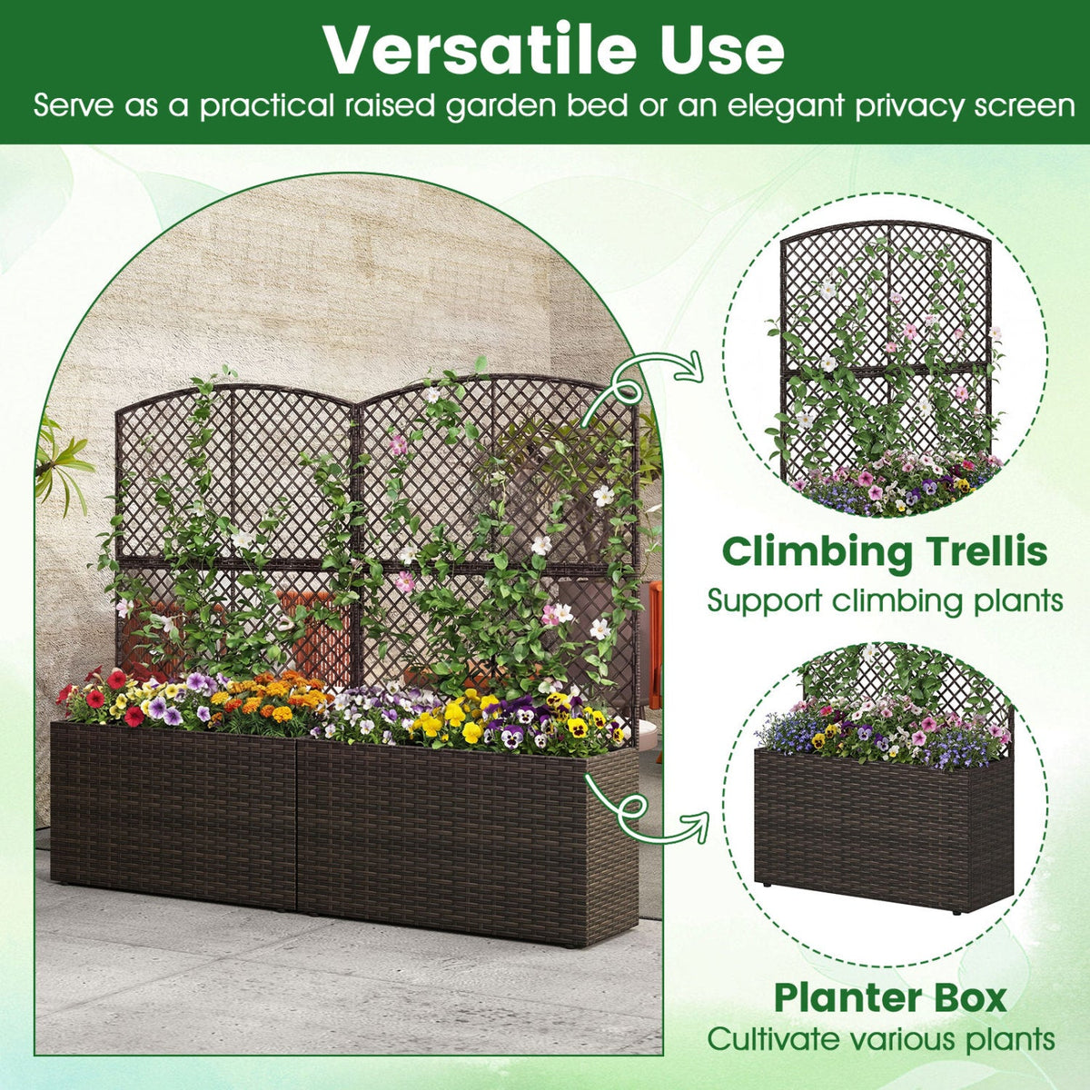 Set of 2 – 49" Raised Garden Bed With Built-In Climbing Trellis & PE Rattan Wicker Planter Box