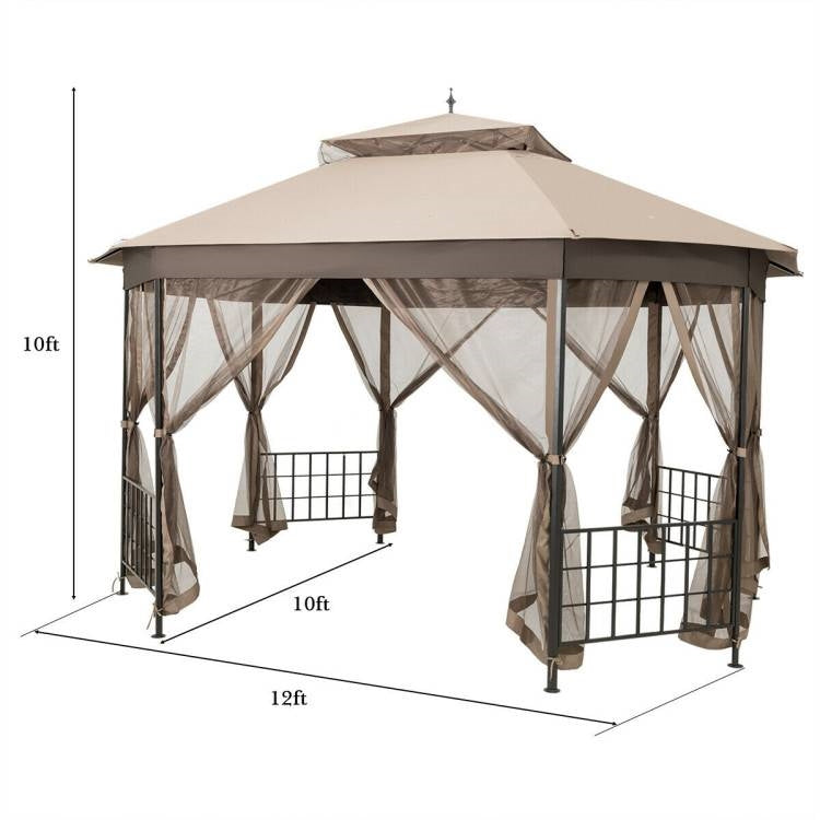 12 × 10 ft Octagonal Gazebo with Double-Tier Canopy & Mesh Sidewalls