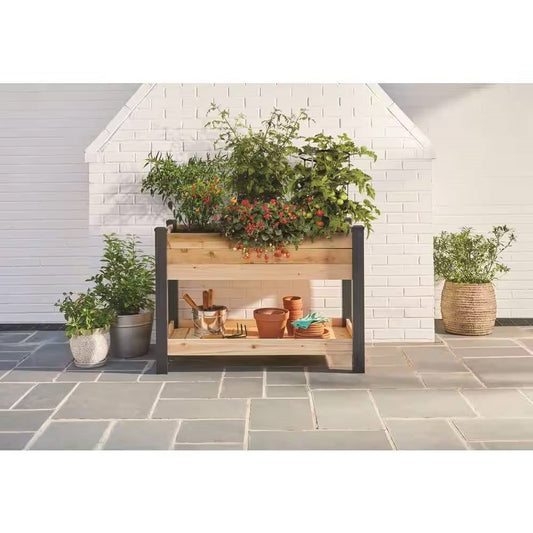 2x4 ft Waist-High Cedar Wood Raised Garden Bed With Black Vinyl Legs & Built-In Storage Shelf