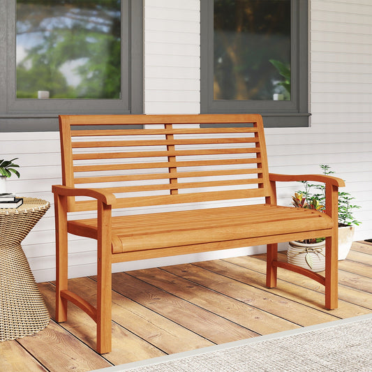 Teak Wood Outdoor Garden Bench With Slatted Backrest, Curved Armrests & 800 lb. Capacity
