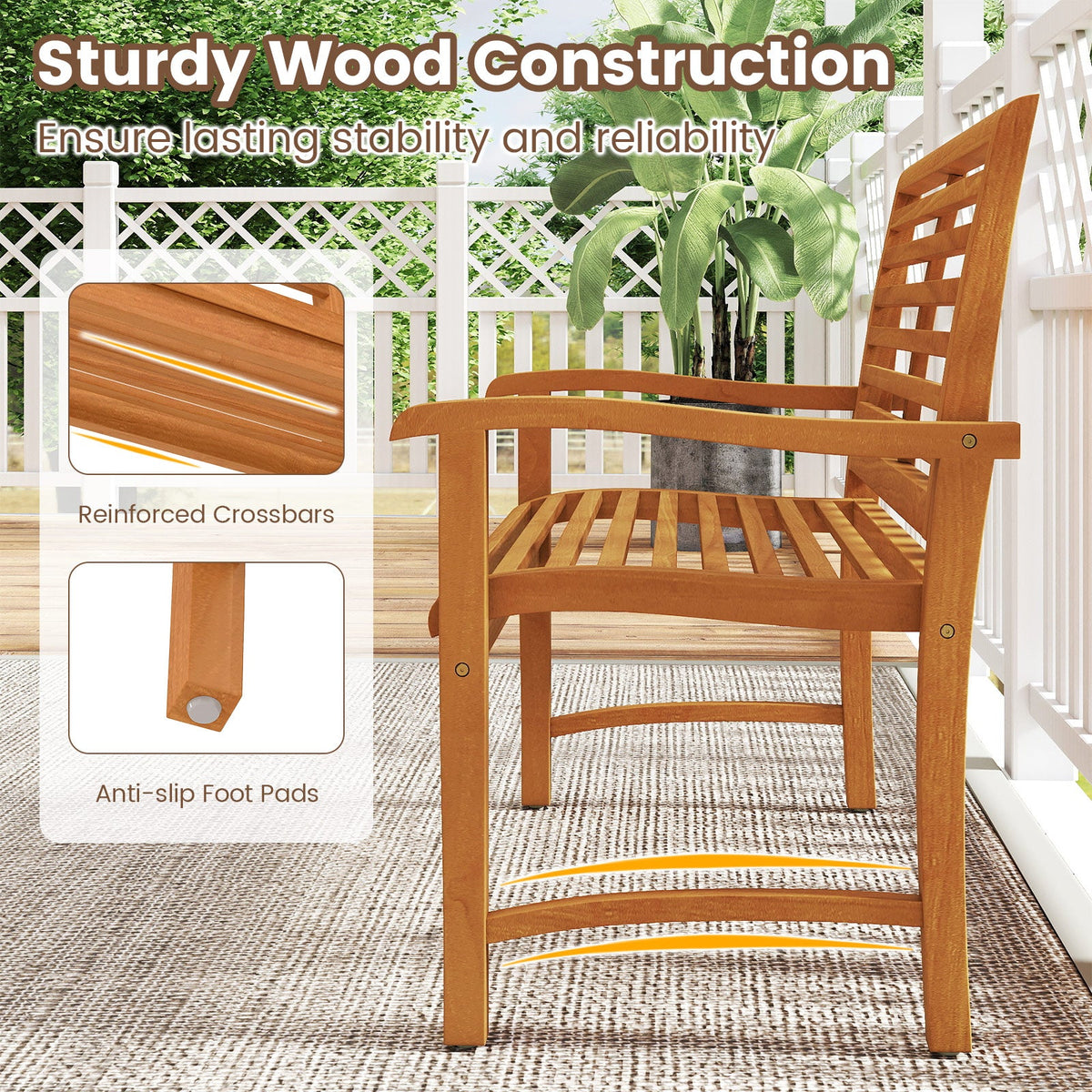 Teak Wood Outdoor Garden Bench With Slatted Backrest, Curved Armrests & 800 lb. Capacity