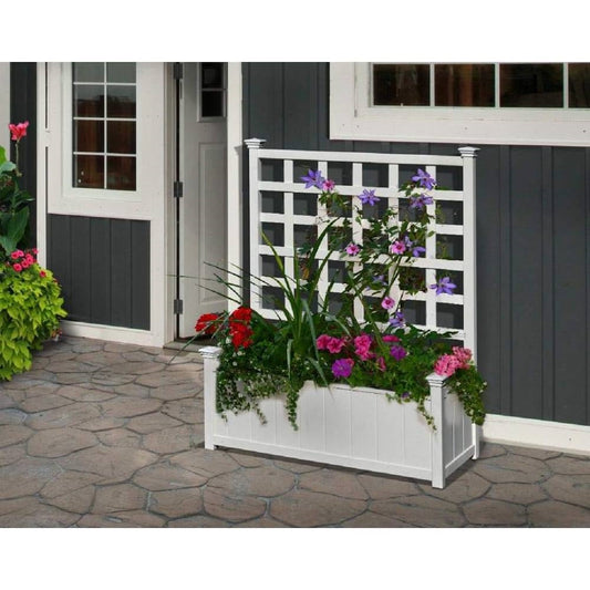 White Outdoor Planter Box with Lattice Trellis