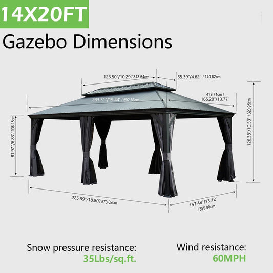 14'x20' Hardtop Gazebo With Durable Resin Roof, Drainage Gutters, Curtains & Mosquito Netting