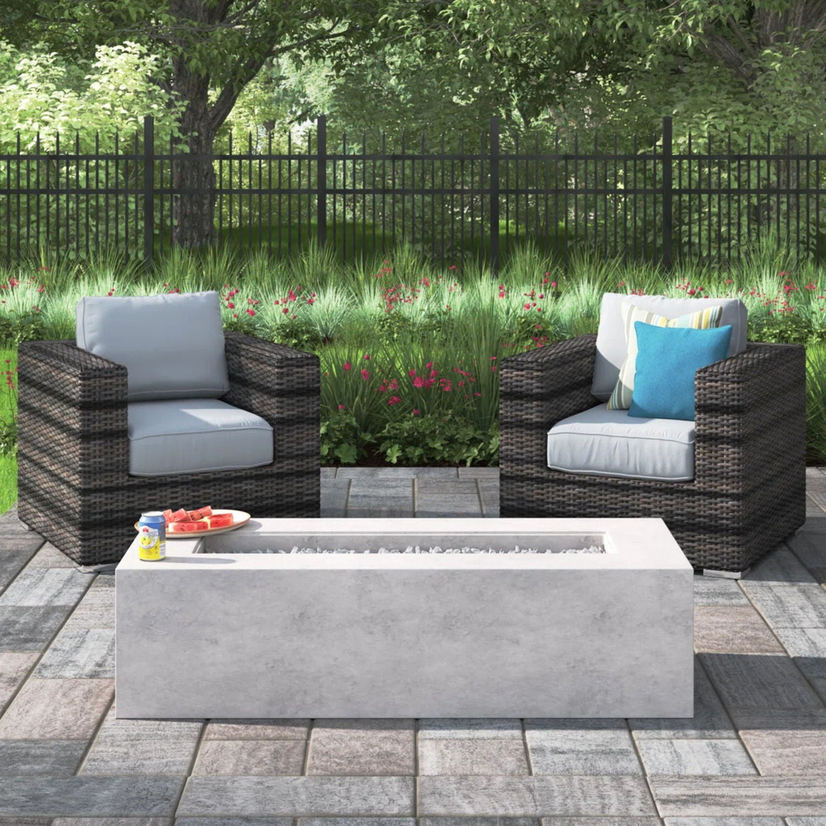 3-Piece Wicker Patio Set with 60,000 BTU Fire Pit – Espresso / Gray