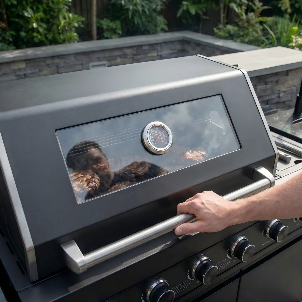 85" 4-Burner Outdoor Kitchen Island Grill With Compact Refrigerator, Marble Countertops & Sink