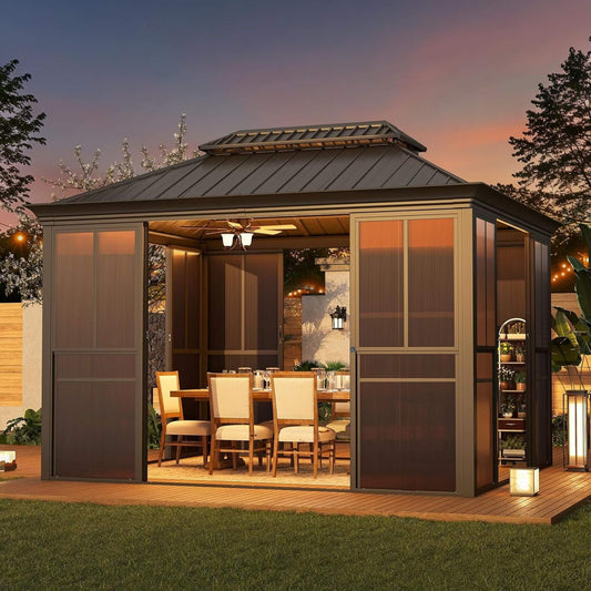 Alora Terrace Fully-Enclosed Outdoor Black Sunroom With Lockable Sliding Doors & Galvanized Double Steel Roof