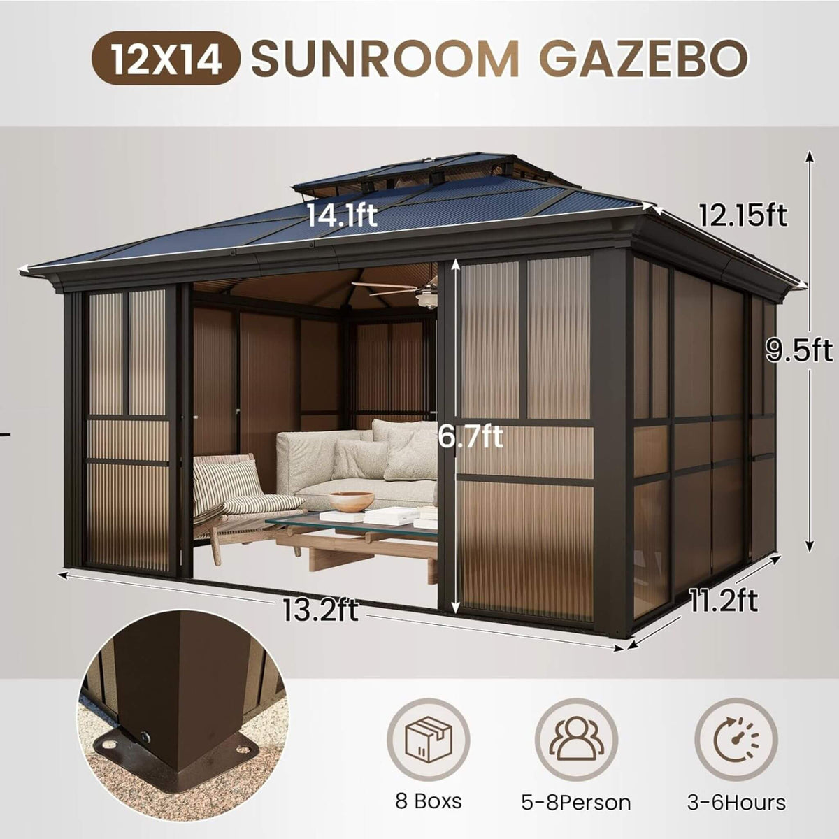 Alora Edge Heavy-Duty Aluminum Frame Outdoor Backyard Solarium With Polycarbonate Roof & Adjustable Panels