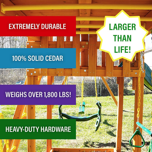Cedar Treehouse Swing Set with Clubhouse, Wave & Spiral Slides