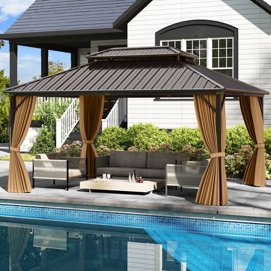 16'x12' Permanent Hardtop Gazebo With Aluminum Frame, Double Metal Roof, Waterproof Curtains & Mesh Netting – Coffee