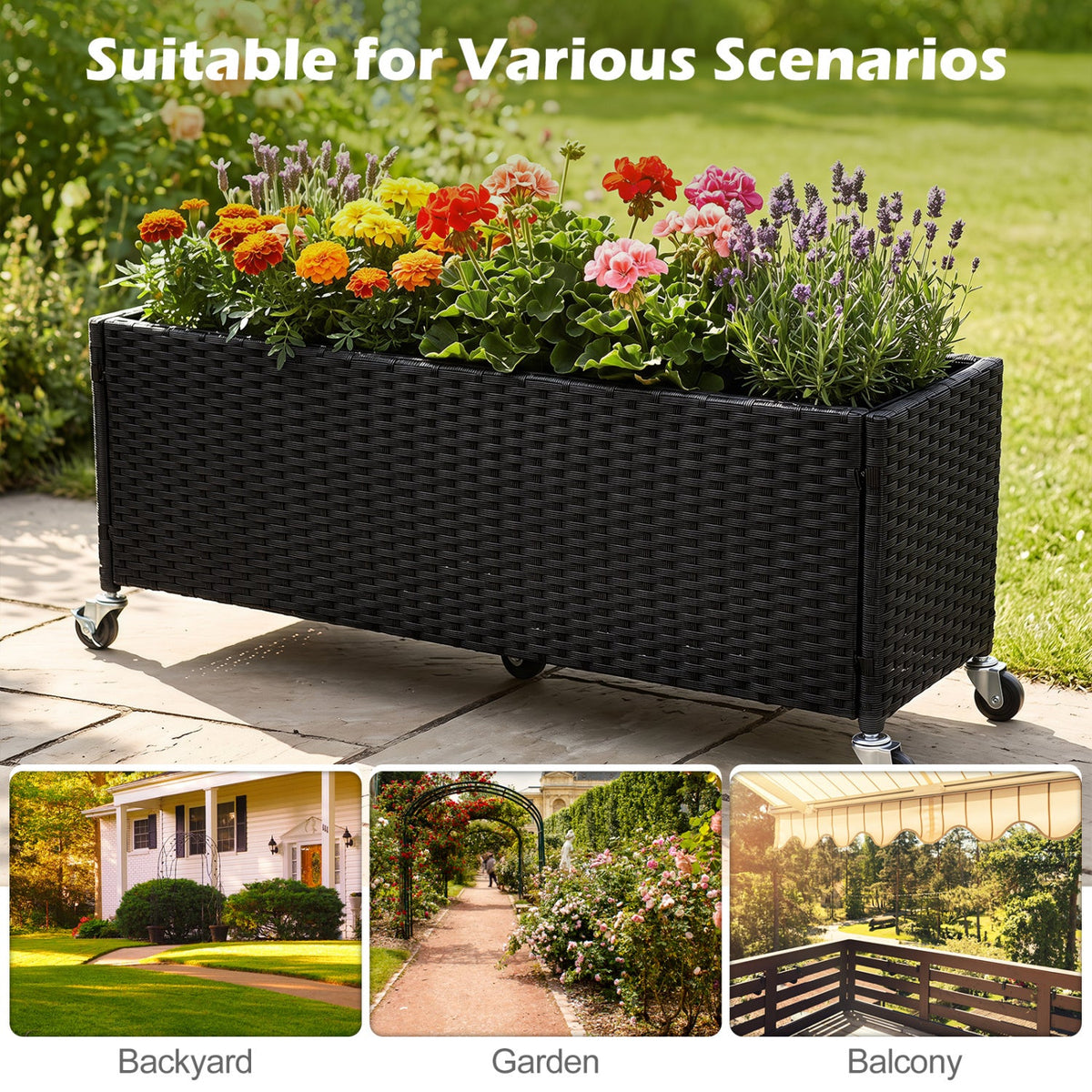 Black PE Rattan Raised Planter Set of 2 with Lockable Wheels