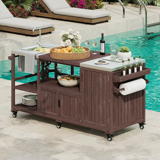 Farmhouse Dark Brown Stainless Steel 75.4 In. Rolling Kitchen Island Outdoor Bar Cart for Big Green Egg Grills with Sink