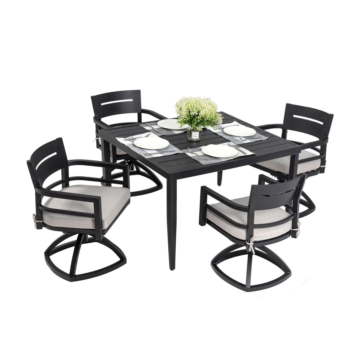 Black Aluminum Patio Dining Set with Sunbrella® Cushions & Umbrella-Hole Table