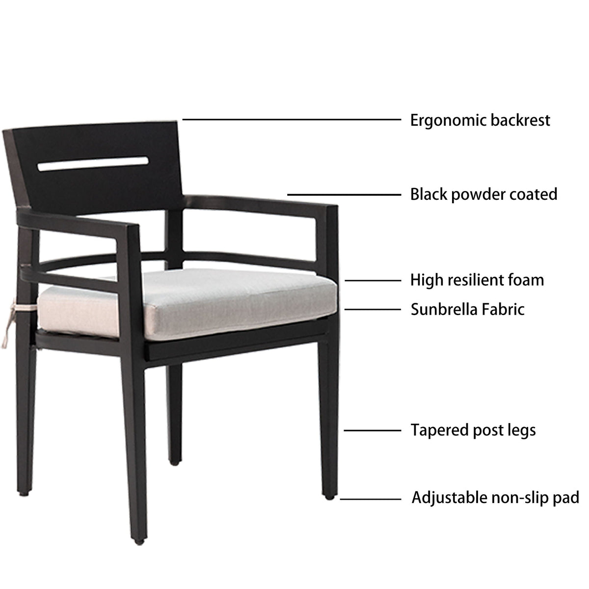 Black Aluminum Patio Dining Set with Sunbrella® Cushions & Umbrella-Hole Table