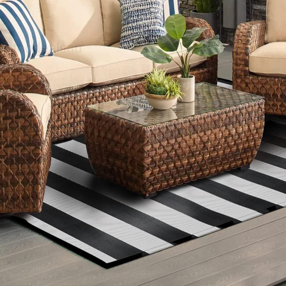 Plastic Straw Rug,9'X12' Outdoor 9' X 12', Black/White