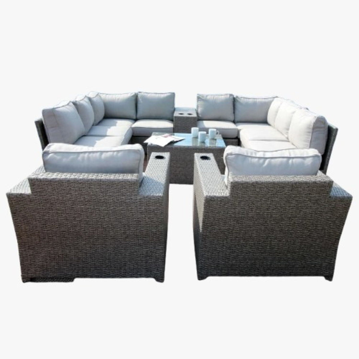 Dark Brown 7-Seater Wicker Sectional Set with Table