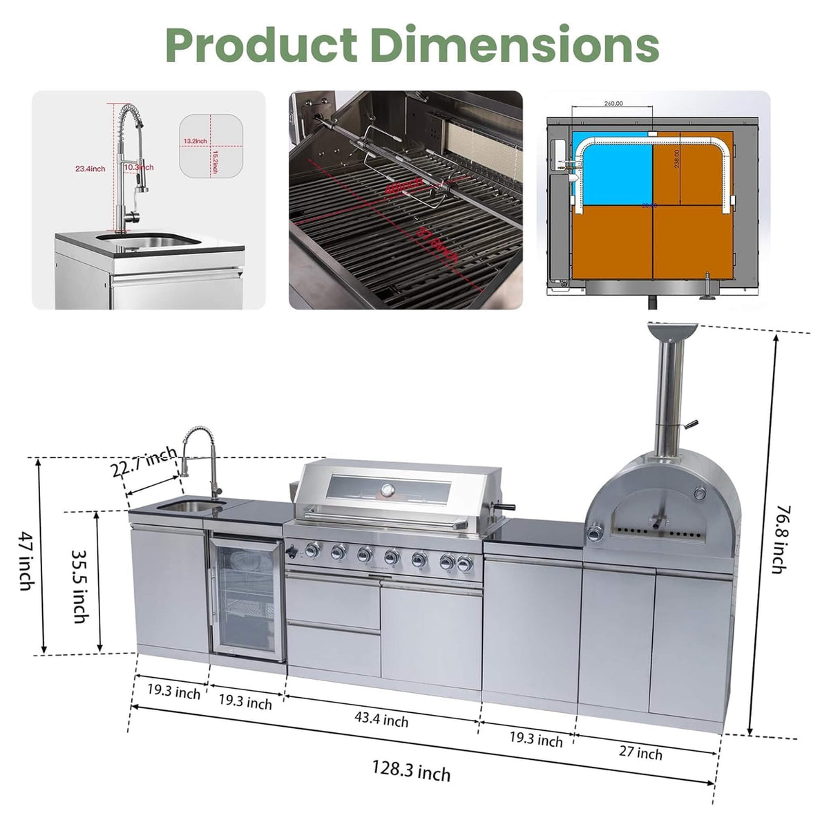 128-Inch Outdoor Kitchen Island with Pizza Oven & Refrigerator – SAK75770