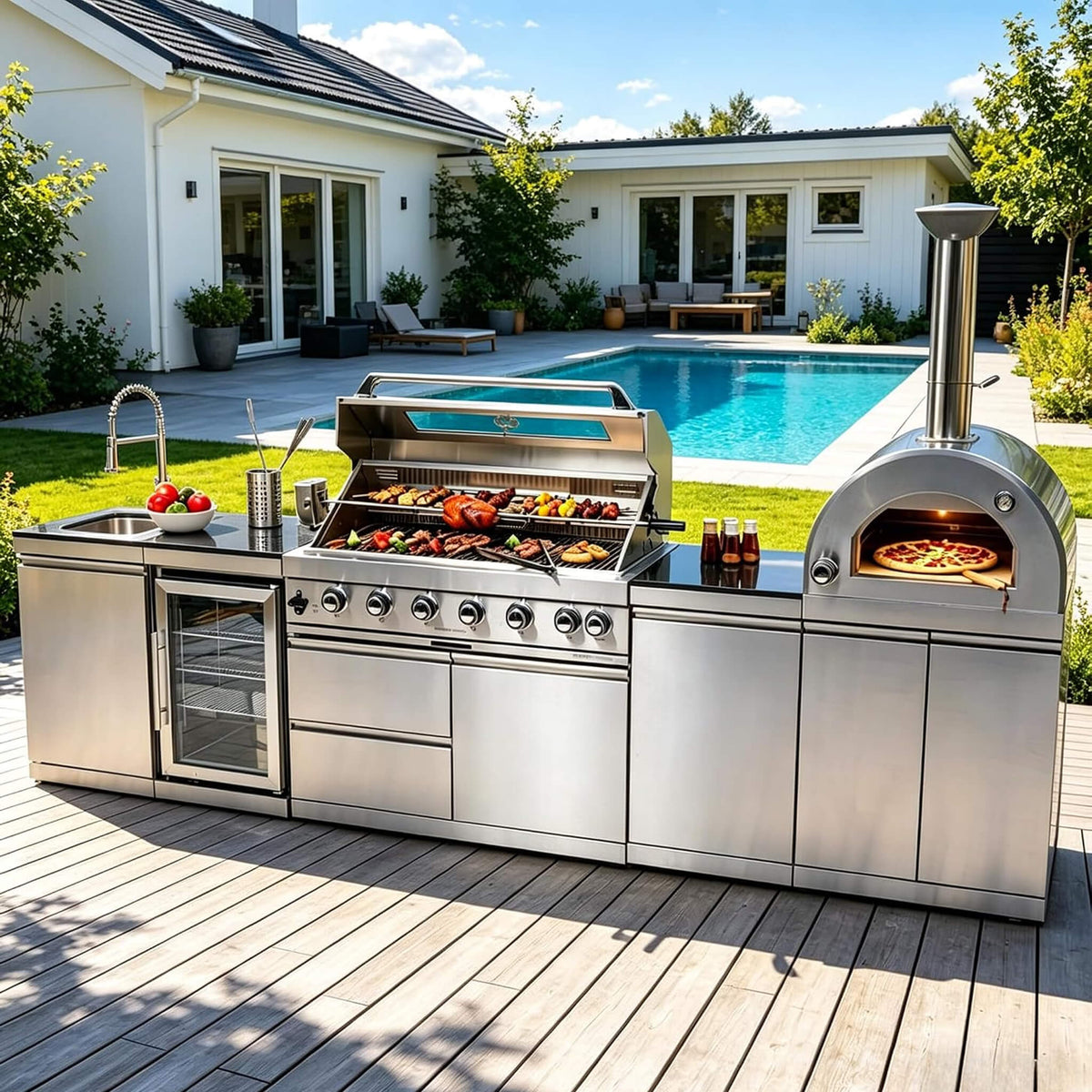 128-Inch Outdoor Kitchen Island with Pizza Oven & Refrigerator – SAK75770