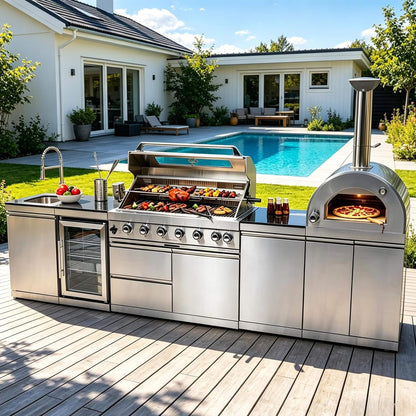 128-Inch Outdoor Kitchen Island with Pizza Oven & Refrigerator – SAK75770