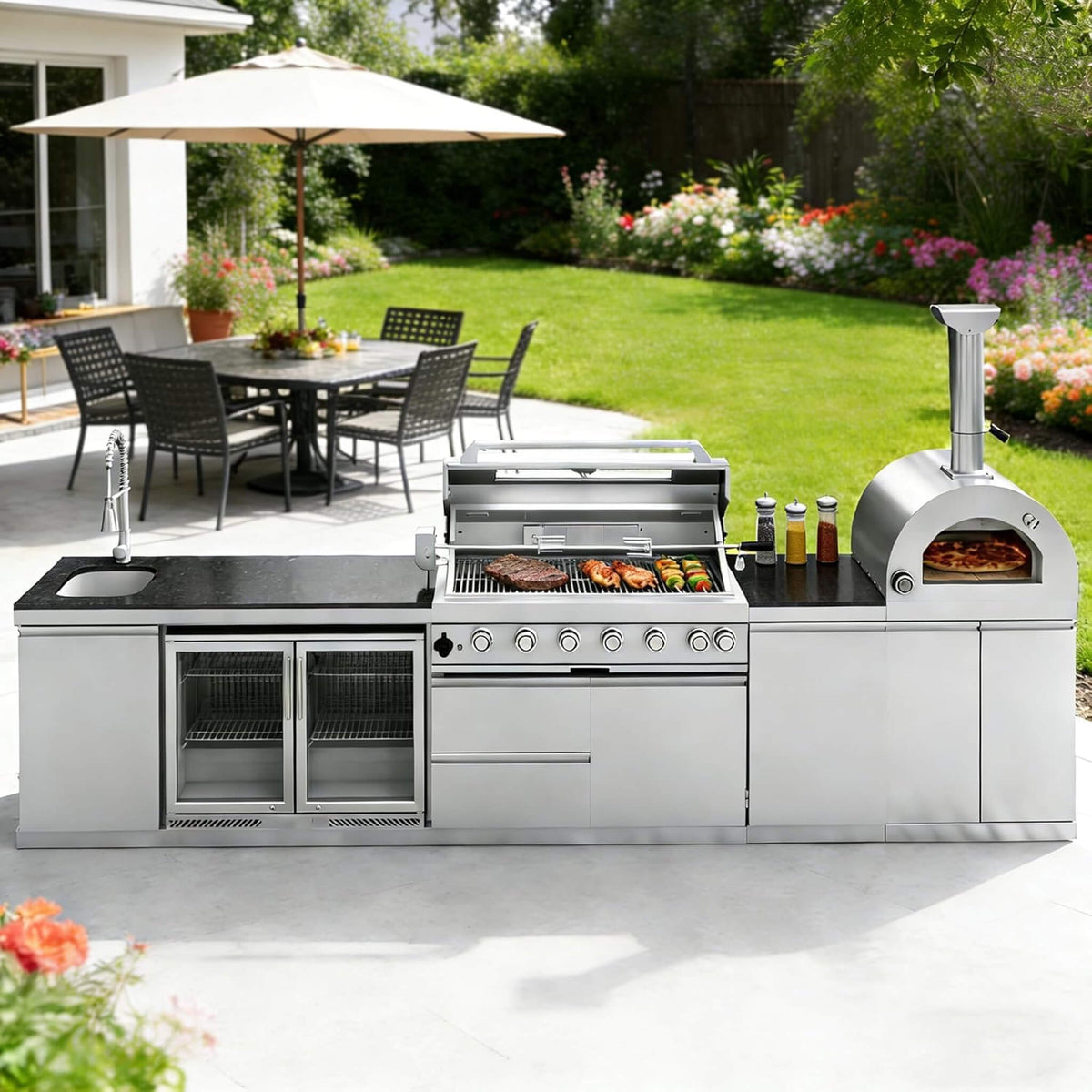 147-Inch Outdoor Kitchen Island with Pizza Oven & Refrigerator – SAK96429