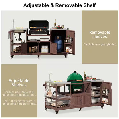 Farmhouse Dark Brown Stainless Steel 75.4 In. Rolling Kitchen Island Outdoor Bar Cart for Big Green Egg Grills with Sink