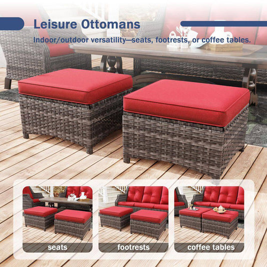 5-Piece Wicker Outdoor Patio Seating Set Sectional Sofa with Swivel Rocking Chair, Ottomans and Red Cushions