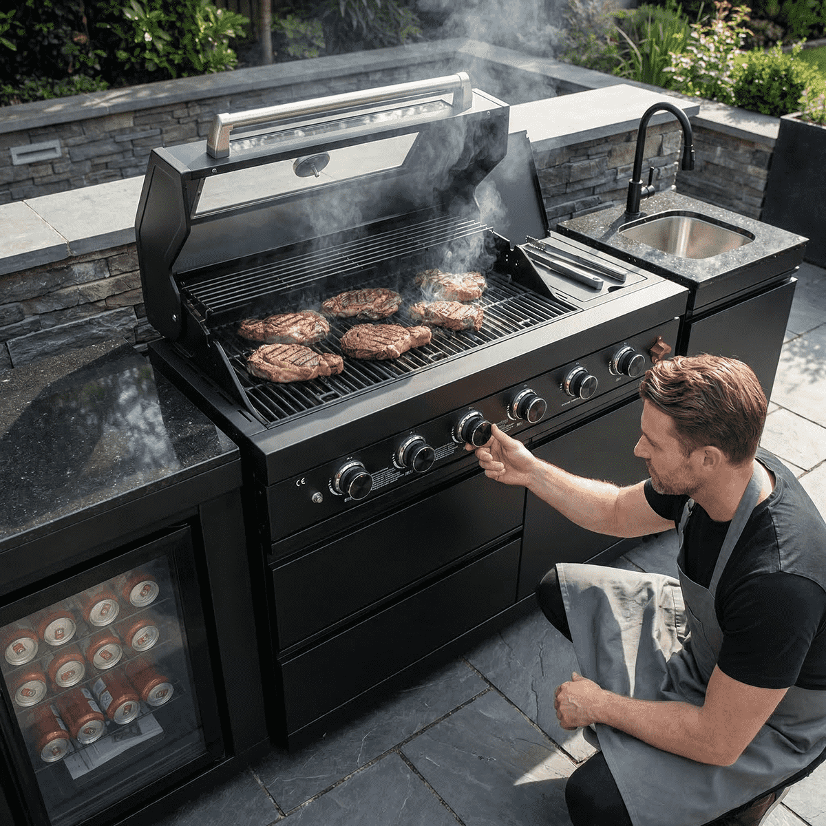 85" 4-Burner 85000 BTU Black Outdoor Kitchen Island Grill with Compact Refrigerator Marble Countertops Sink