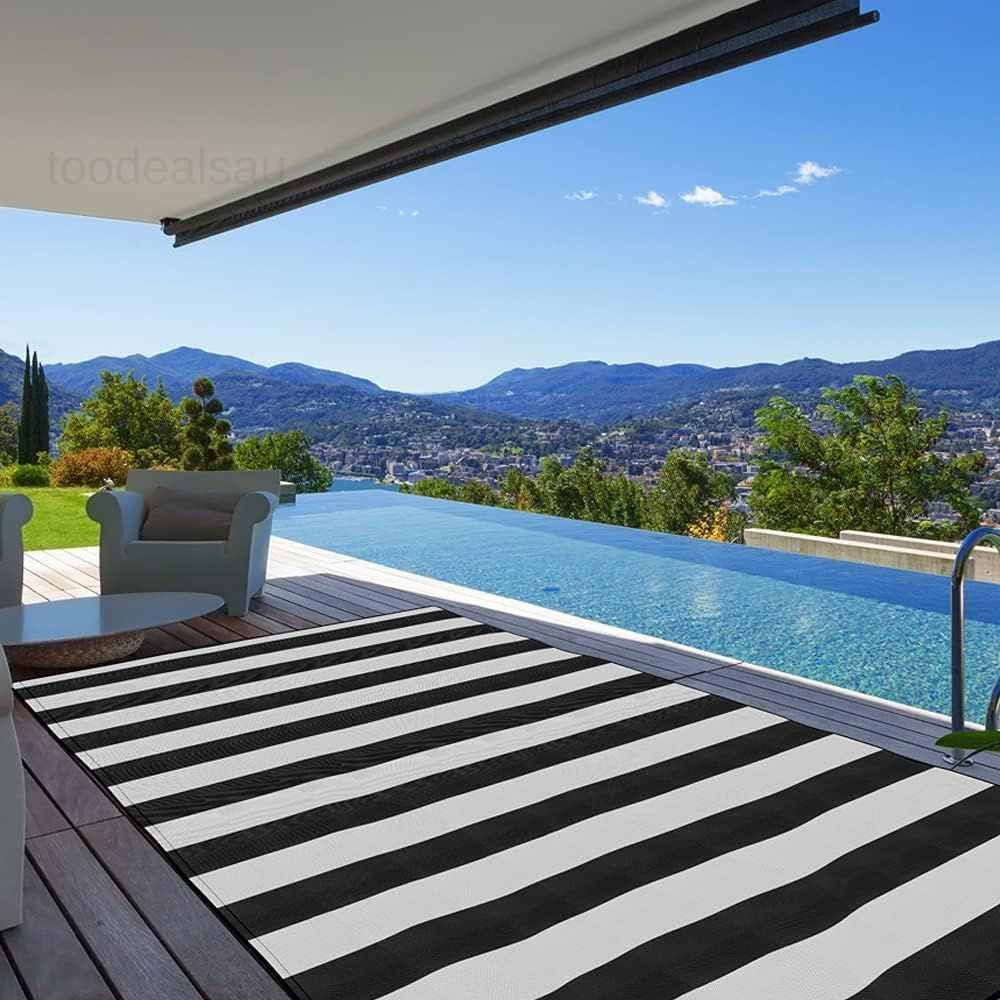 Plastic Straw Rug,9'X12' Outdoor 9' X 12', Black/White