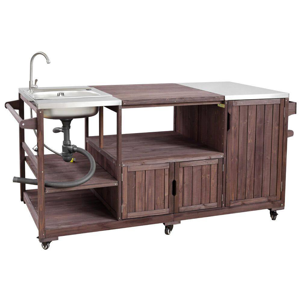 Farmhouse Dark Brown Stainless Steel 75.4 In. Rolling Kitchen Island Outdoor Bar Cart for Big Green Egg Grills with Sink