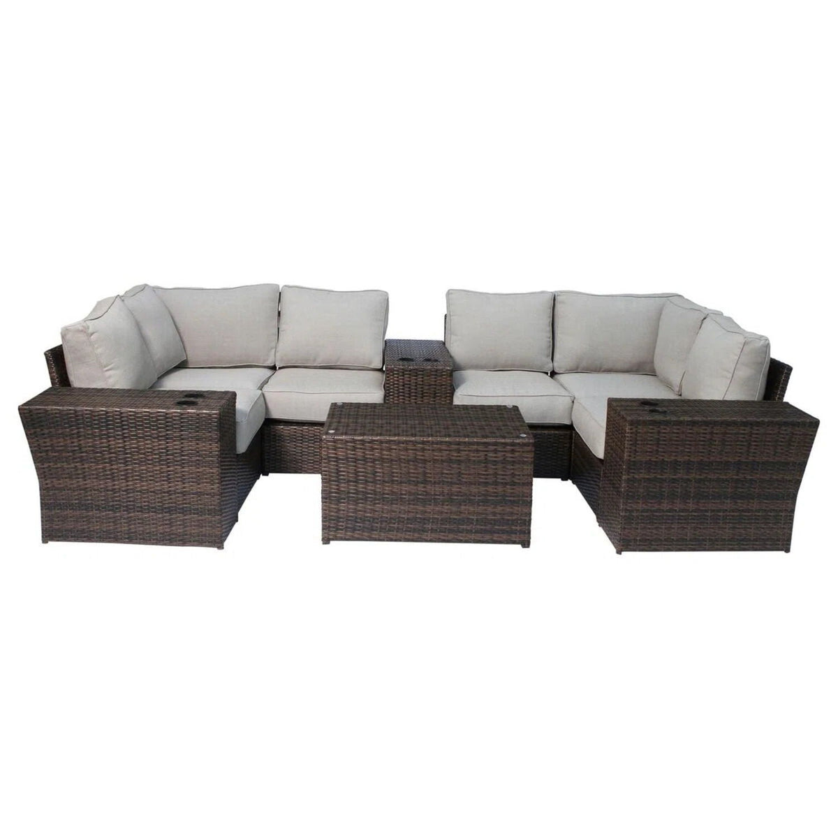 Dark Brown 7-Seater Wicker Sectional Set with Table