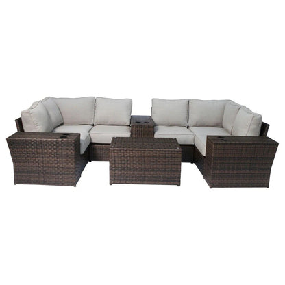 Dark Brown 7-Seater Wicker Sectional Set with Table