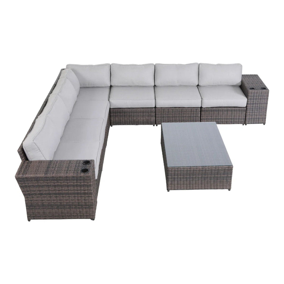 Dark Brown 7-Seater Wicker Sectional Set with Table
