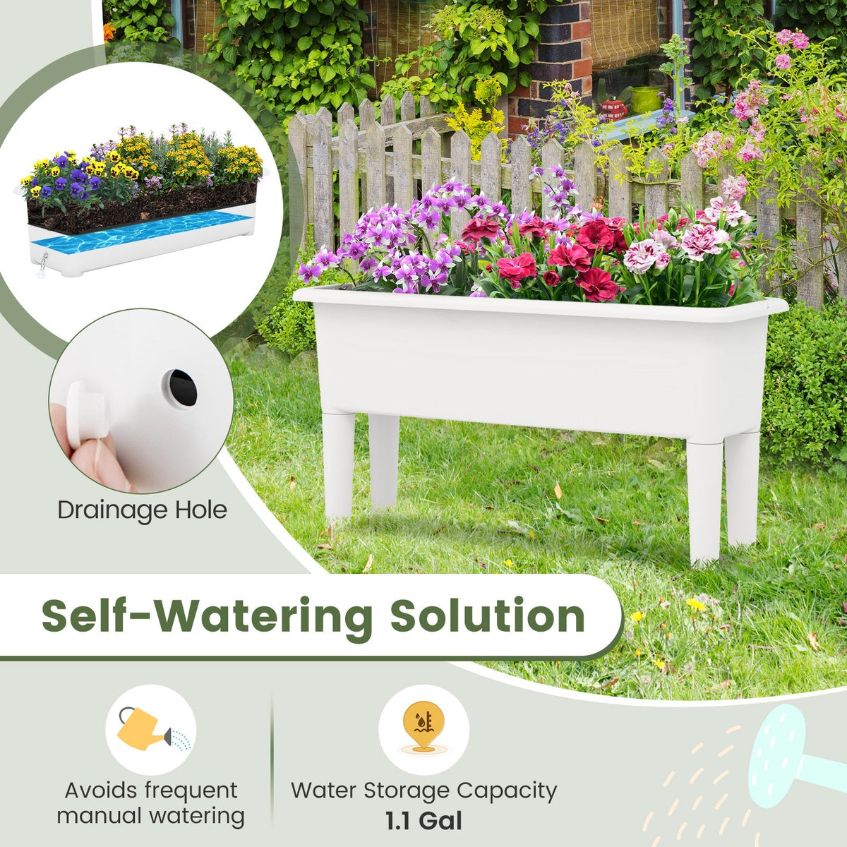 Set of 2 Self-Watering Raised Garden Bed Planters With 16" Detachable Legs & Drainage Hole – 7.7 Gallon