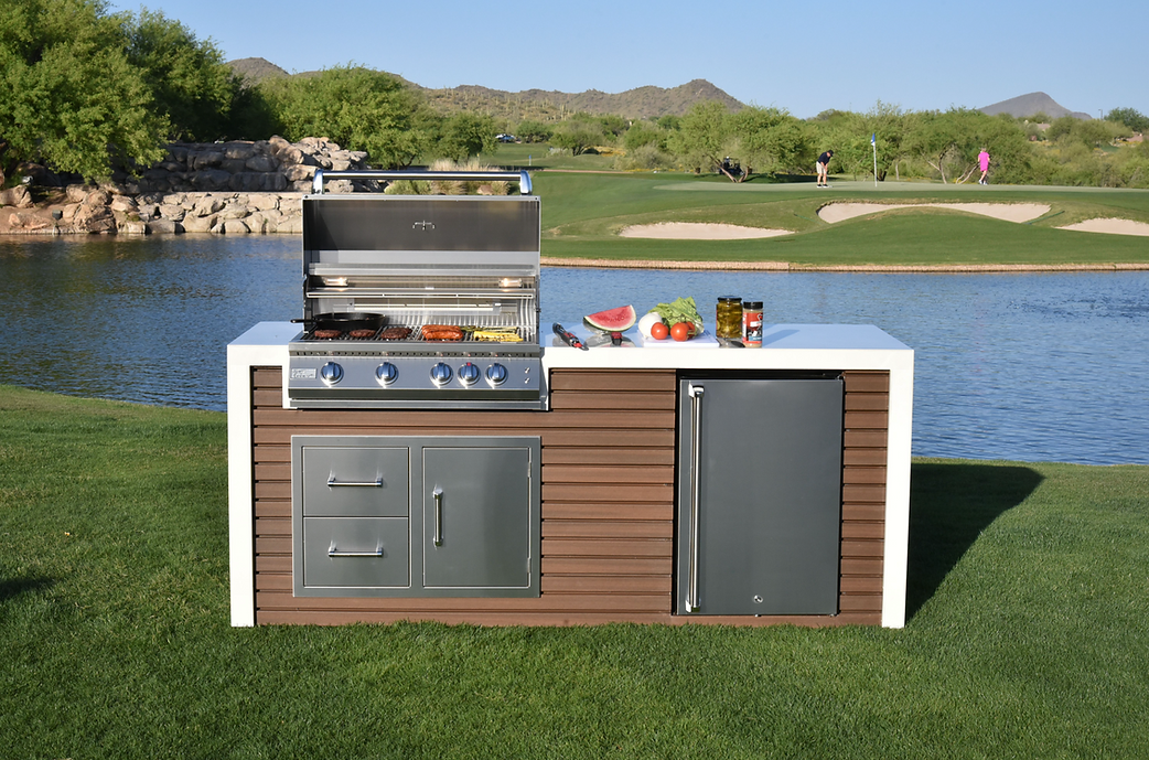 KoKoMo Outdoor Kitchen Island With Signature Waterfall Edge, Built-In 32" Grill & Weatherproof Construction