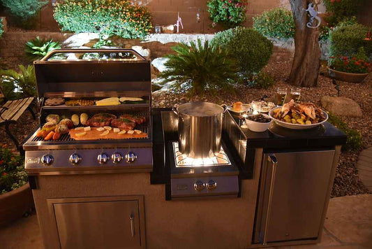 KoKoMo 7'6" BBQ Island Outdoor Kitchen With 4-Burner Grill, Wok Burner, Built-In Refrigerator & Stainless Steel Construction