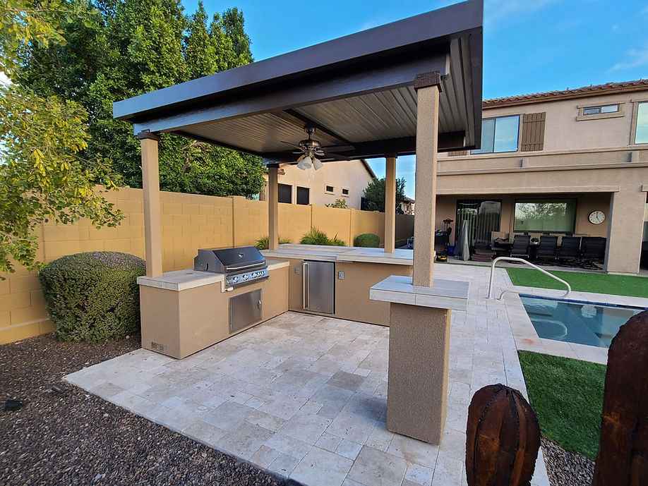KoKoMo BBQ Island with 12 × 12 ft Pergola, 4-Burner Grill & Refrigerator