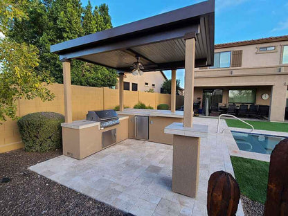 KoKoMo BBQ Island with 12 × 12 ft Pergola, 4-Burner Grill & Refrigerator