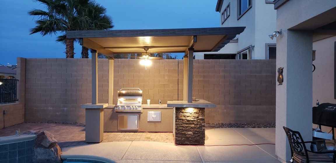 KoKoMo BBQ Island with 12 × 12 ft Pergola, 4-Burner Grill & Refrigerator