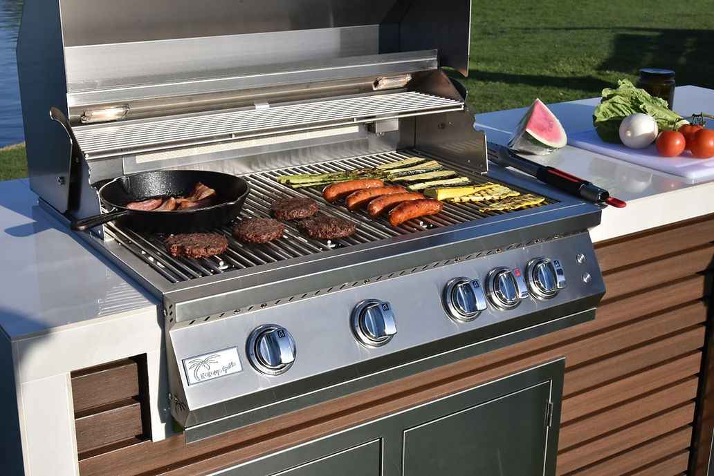 KoKoMo Outdoor Kitchen Island With Signature Waterfall Edge, Built-In 32" Grill & Weatherproof Construction