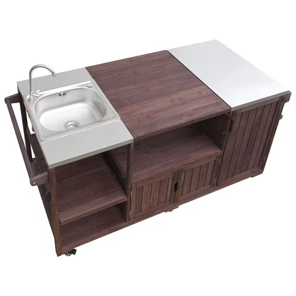 Farmhouse Dark Brown Stainless Steel 75.4 In. Rolling Kitchen Island Outdoor Bar Cart for Big Green Egg Grills with Sink