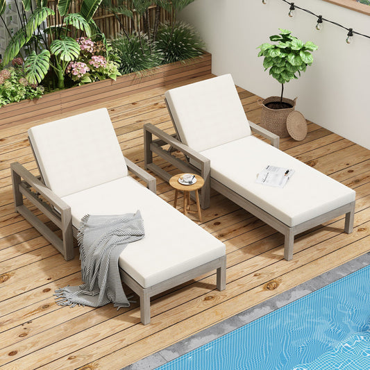 Outdoor Chaise Lounge Chairs With 5-Position Adjustable Backrest & Acacia Wood Frame (Set of 2) – Gray