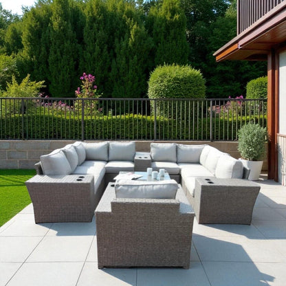 Dark Brown 7-Seater Wicker Sectional Set with Table