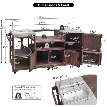 Farmhouse Dark Brown Stainless Steel 75.4 In. Rolling Kitchen Island Outdoor Bar Cart for Big Green Egg Grills with Sink