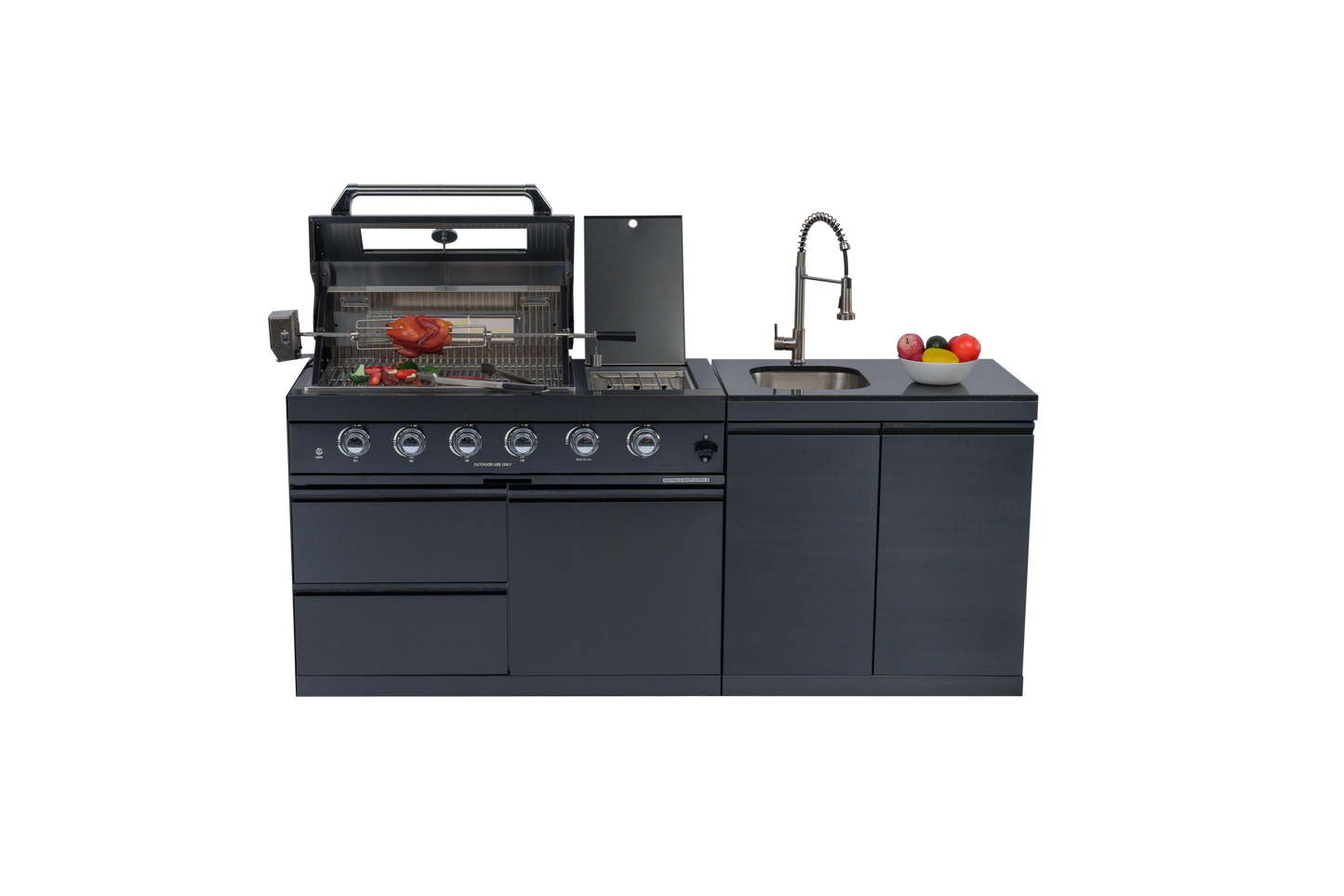 79" 4-Burner 72,000 BTU Black Outdoor Kitchen Island Grill + Side Burner + Rotisserie kit +Sink